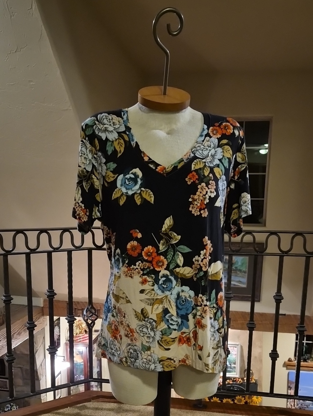 Johnny Was Black Floral V-Neck Short Sleeve Top
